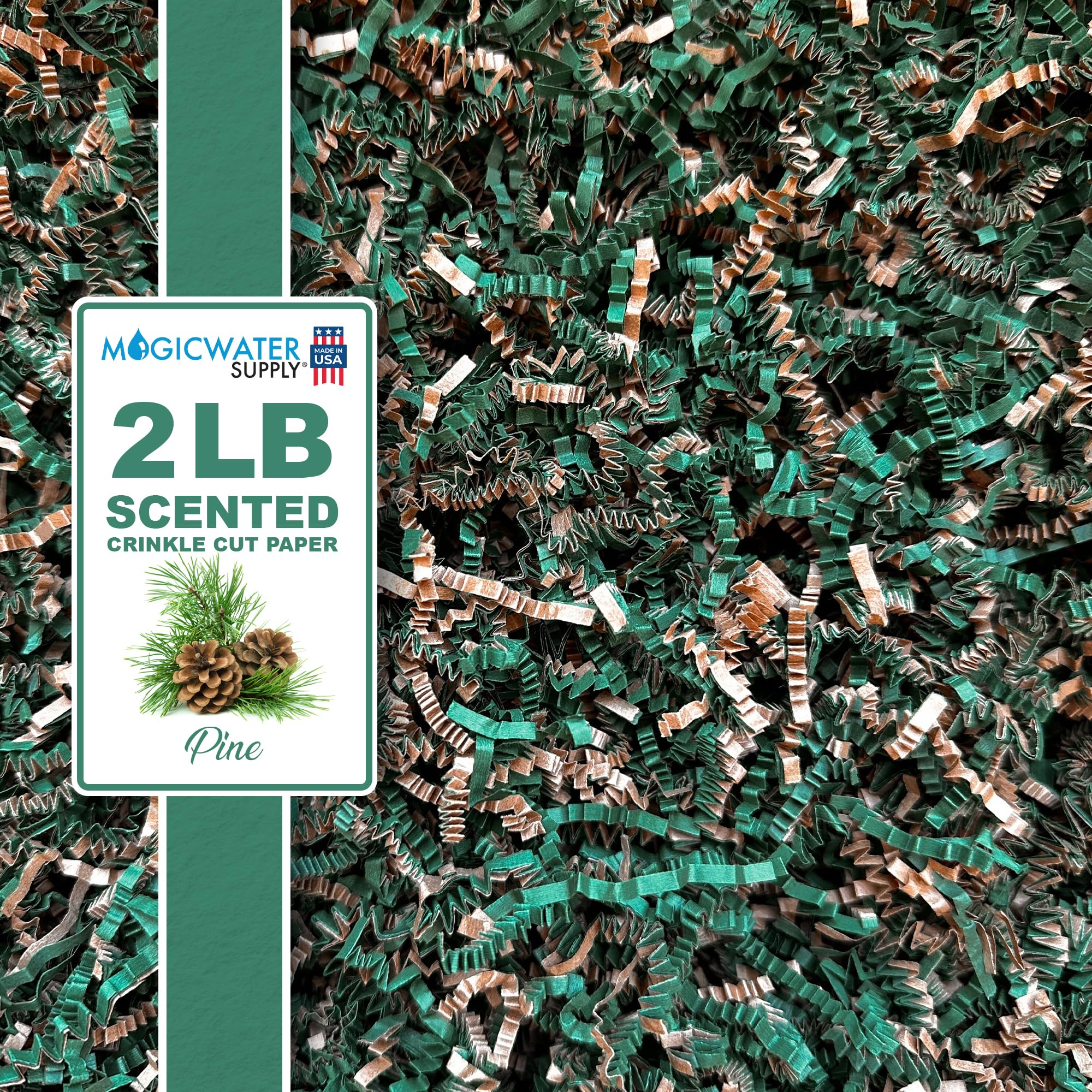MagicWater Scented Crinkle Cut Paper - 2 LB - Pine - Perfect for Shredded Paper Filler, Basket Filler, Gift Boxes, Bridesmaid Gifts, Christmas Stuffers & More - For All Occasions
