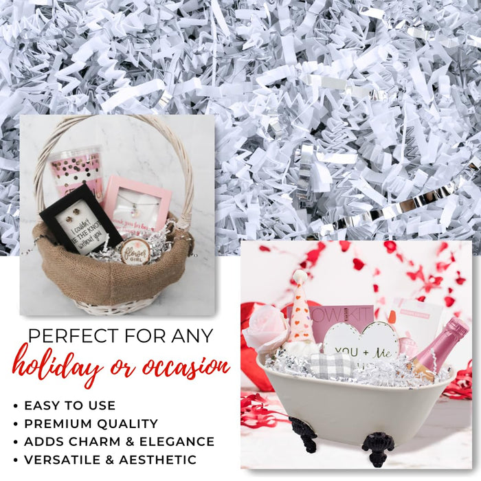 MagicWater Crinkle Cut Paper for Gift Baskets - 2LB - White & Silver - Perfect for Shredded Paper Filler, Basket Filler, Gift Boxes, Christmas Gifts, Christmas Stuffers & More - for All Occasions