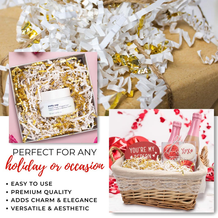 MagicWater Crinkle Cut Paper for Gift Baskets - 10LB White & Gold - Perfect for Shredded Paper Filler, Basket Filler, Gift Boxes, Bridesmaid Gifts, Christmas Stuffers & More - Ideal for All Occasions