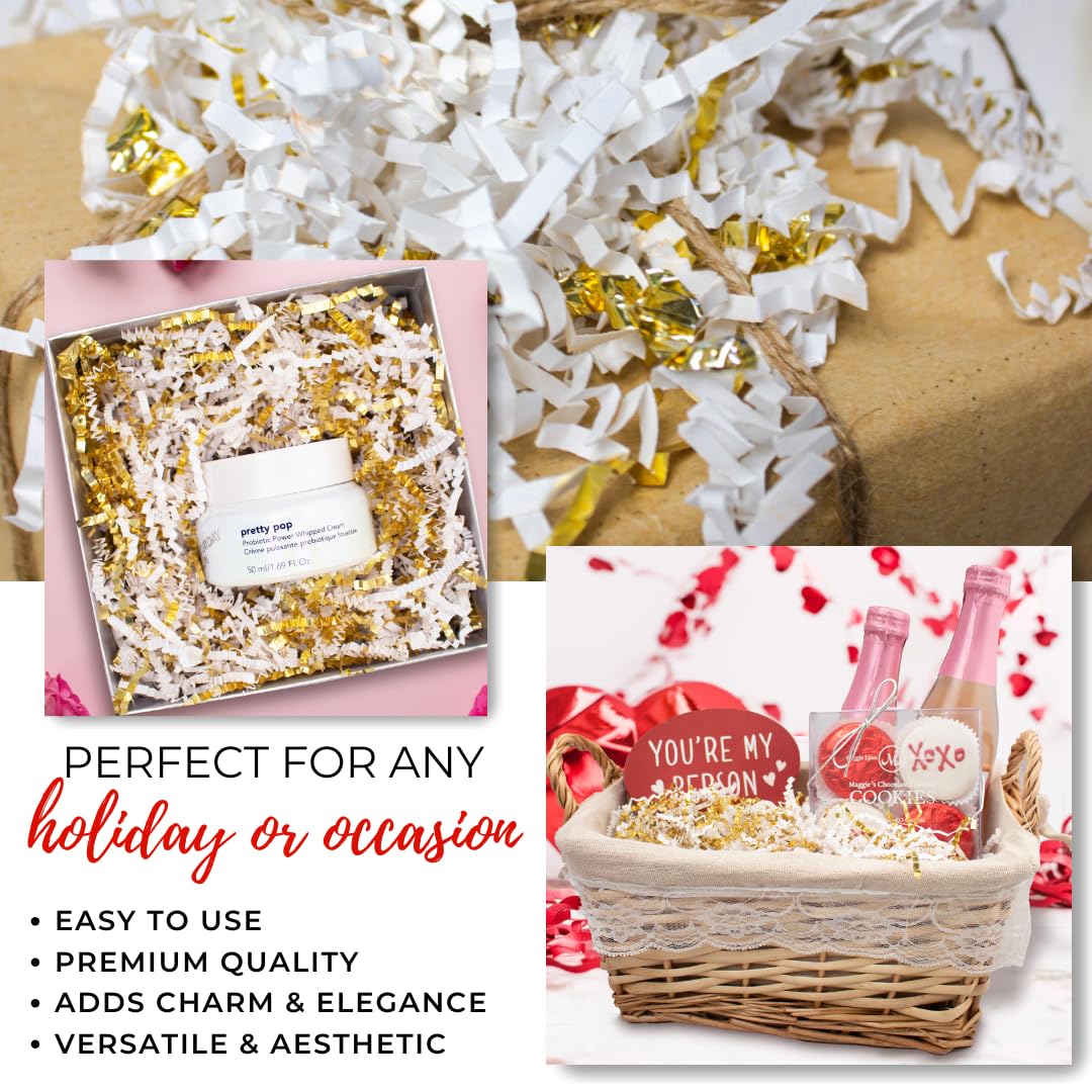 MagicWater Crinkle Cut Paper for Gift Baskets - 2LB - White & Gold - Perfect for Shredded Paper Filler, Basket Filler, Gift Boxes, Bridesmaid Gifts, Christmas Stuffers & More - Ideal for All Occasions