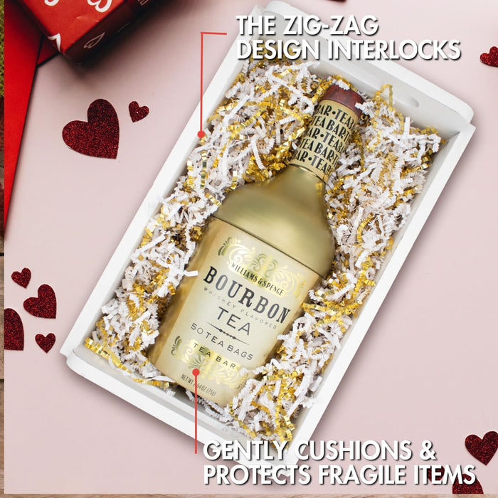 MagicWater Crinkle Cut Paper for Gift Baskets - 10LB White & Gold - Perfect for Shredded Paper Filler, Basket Filler, Gift Boxes, Bridesmaid Gifts, Christmas Stuffers & More - Ideal for All Occasions