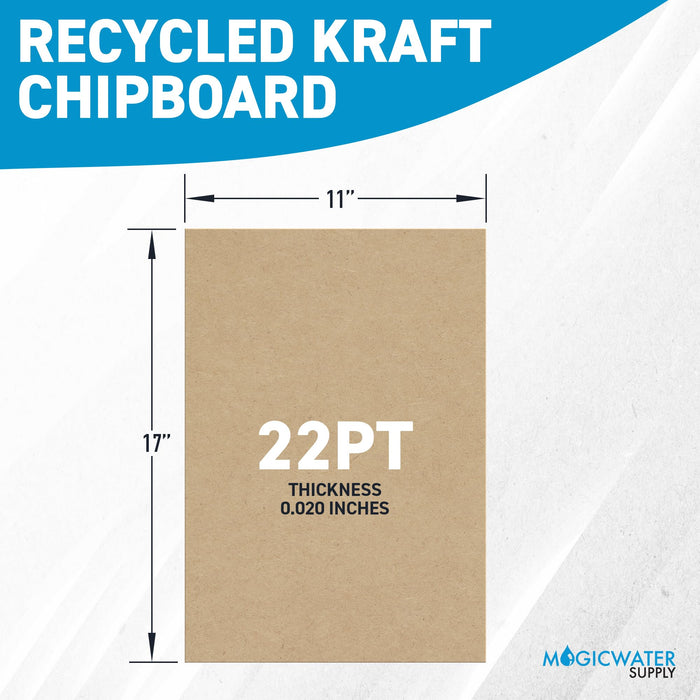 MagicWater Chipboard Sheet for DIY Projects - 11x17 Inch - 100 Pack - 22 pt - Heavy Duty Kraft (0.020 Inch Thick) Paperboard, for Scrapbooking, Books, Picture Frame Backing, Arts Project & Crafts