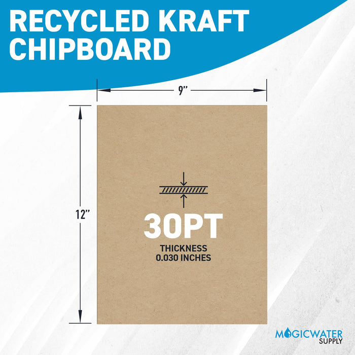 MagicWater Chipboard Sheet for DIY Projects - 9x12 Inch - 50 Pack - 30 pt - Heavy Duty Kraft (0.030 Inch Thick) Paperboard, for Scrapbooking, Books, Picture Frame Backing, Arts Project & Crafts