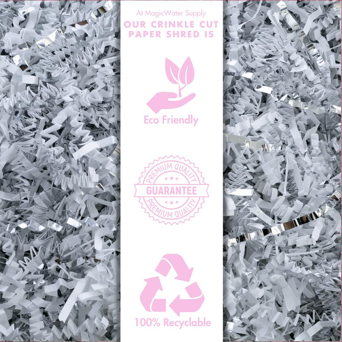 MagicWater Crinkle Cut Paper for Gift Baskets - 2LB - White & Silver - Perfect for Shredded Paper Filler, Basket Filler, Gift Boxes, Christmas Gifts, Christmas Stuffers & More - for All Occasions