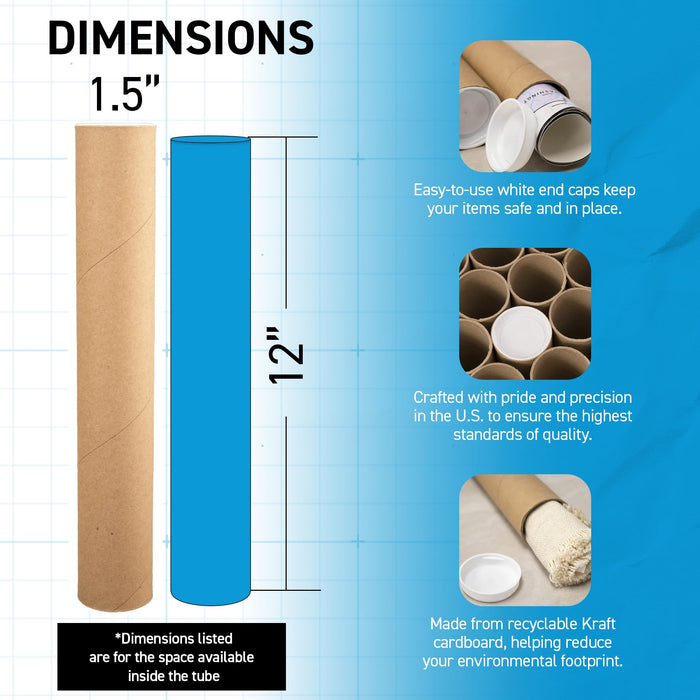 MagicWater Supply Mailing Tube - 1.5 in x 12 in - Kraft - 4 Pack - for Shipping and Storage of Posters, Arts, Crafts, and Documents