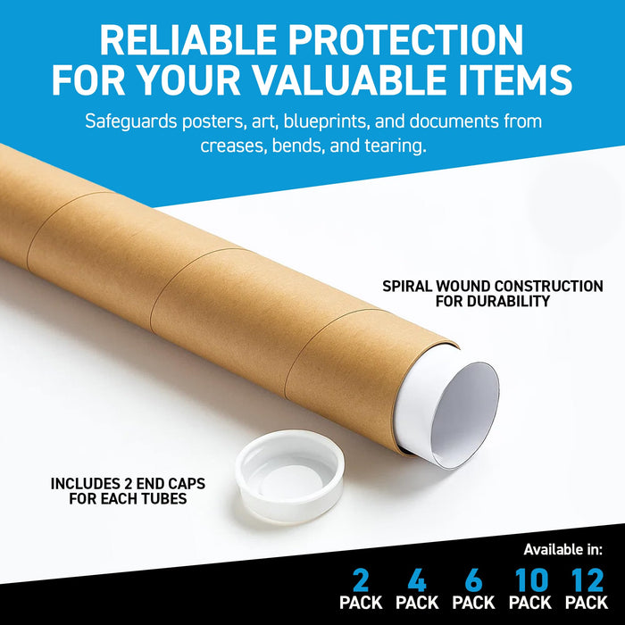 MagicWater Supply Mailing Tube - 1.5 in x 12 in - Kraft - 2 Pack - for Shipping and Storage of Posters, Arts, Crafts, and Documents