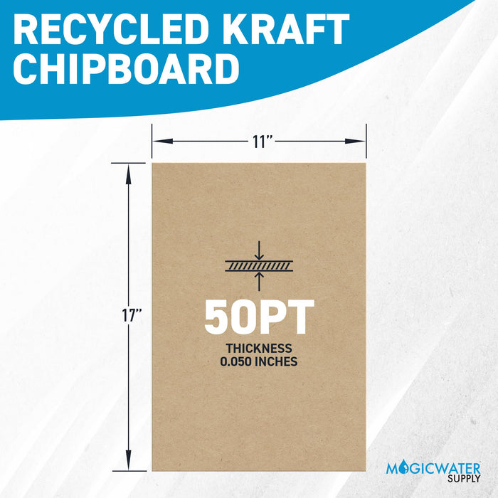 MagicWater Chipboard Sheet for DIY Projects - 11x17 Inch - 50 Pack - 50 pt - Heavy Duty Kraft (0.050 Inch Thick) Paperboard, For Scrapbooking, Books, Picture Frame Backing, Arts Project & Crafts