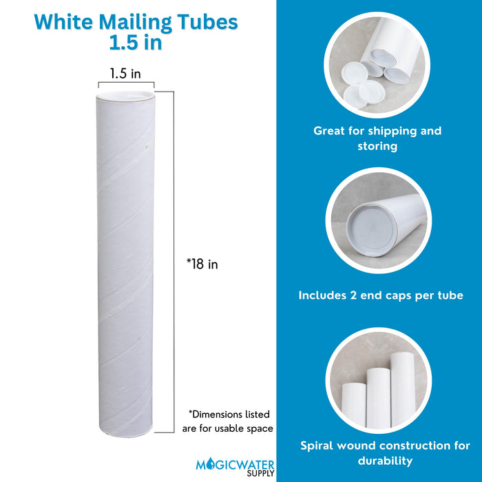 MagicWater Supply Mailing Tube - 1.5 in x 18 in - White - 2 Pack - for Shipping and Storage of Posters, Arts, Crafts, and Documents
