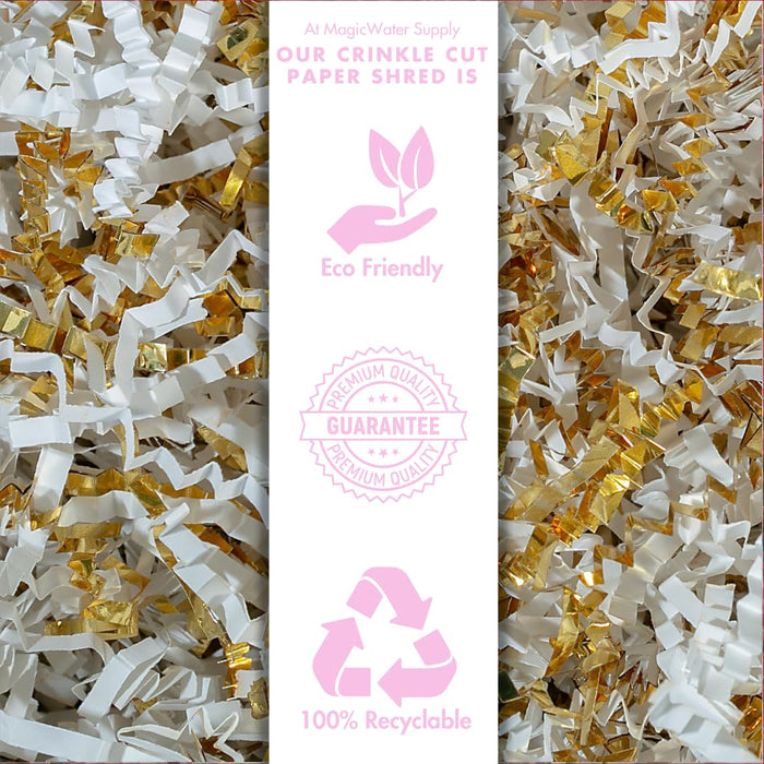 MagicWater Crinkle Cut Paper for Gift Baskets - 2LB - White & Gold - Perfect for Shredded Paper Filler, Basket Filler, Gift Boxes, Bridesmaid Gifts, Christmas Stuffers & More - Ideal for All Occasions