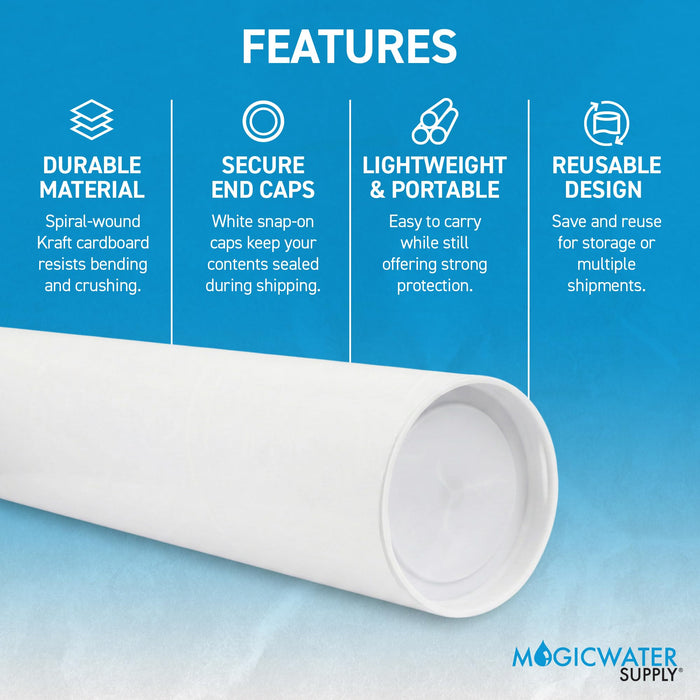 MagicWater Supply Mailing Tube - 1.5 in x 18 in - White - 2 Pack - for Shipping and Storage of Posters, Arts, Crafts, and Documents