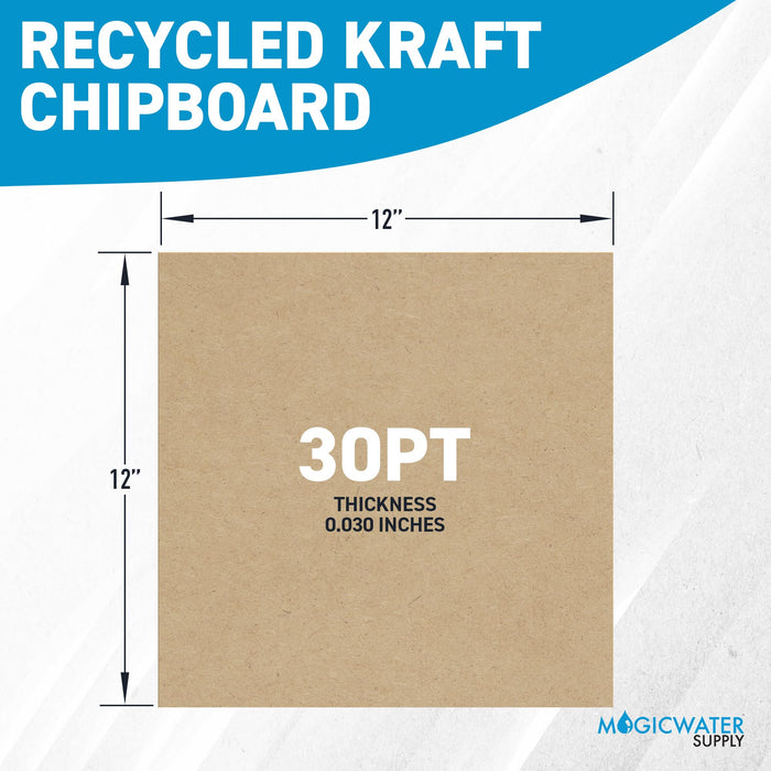 MagicWater Chipboard Sheet for DIY Projects - 12x12 Inch - 10 Pack - 30 pt - Heavy Duty Kraft (0.030 Inch Thick) Paperboard, for Scrapbooking, Books, Picture Frame Backing, Arts Project & Crafts