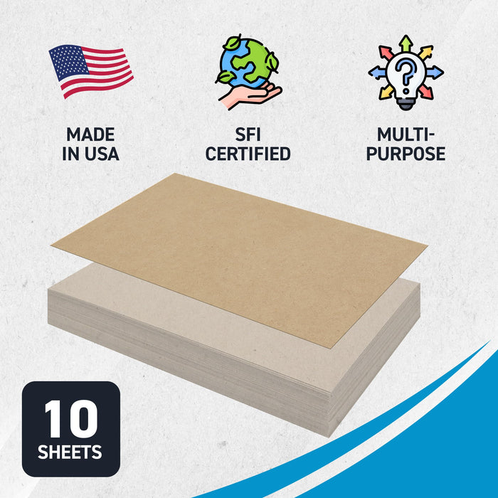 MagicWater Chipboard Sheet for DIY Projects - 11x17 Inch - 10 Pack - 22 pt - Heavy Duty Kraft (0.020 Inch Thick) Paperboard, for Scrapbooking, Books, Picture Frame Backing, Arts Project & Crafts