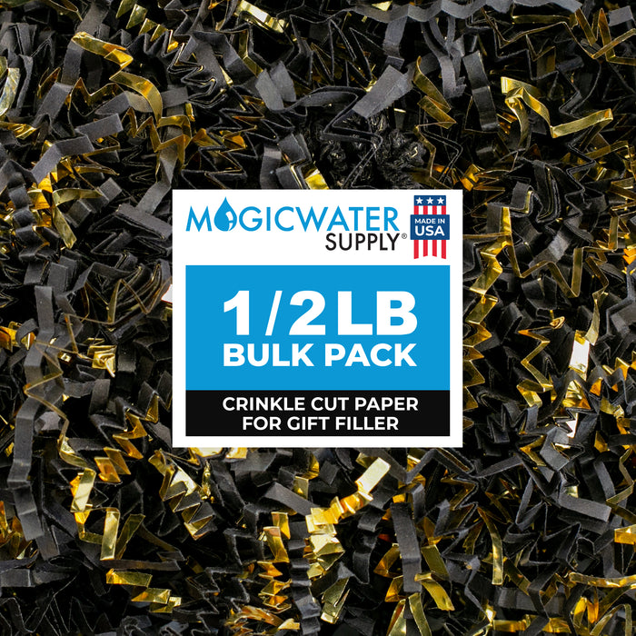 MagicWater Supply - 1/2 LB - Black & Gold - Crinkle Cut Paper Shred Filler great for Gift Wrapping, Basket Filling, Birthdays, Weddings, Anniversaries