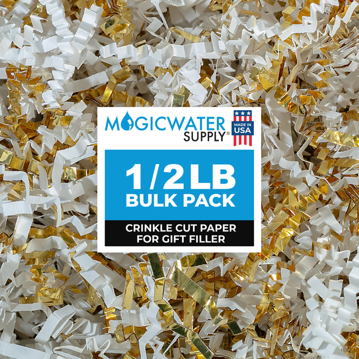 MagicWater Supply - 1/2 LB - White & Gold - Crinkle Cut Paper Shred Filler great for Gift Wrapping, Basket Filling, Birthdays, Weddings, Anniversaries