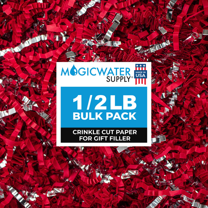 MagicWater Supply - 1/2 LB - Red & Silver - Crinkle Cut Paper Shred Filler great for Gift Wrapping, Basket Filling, Birthdays, Weddings, Anniversaries