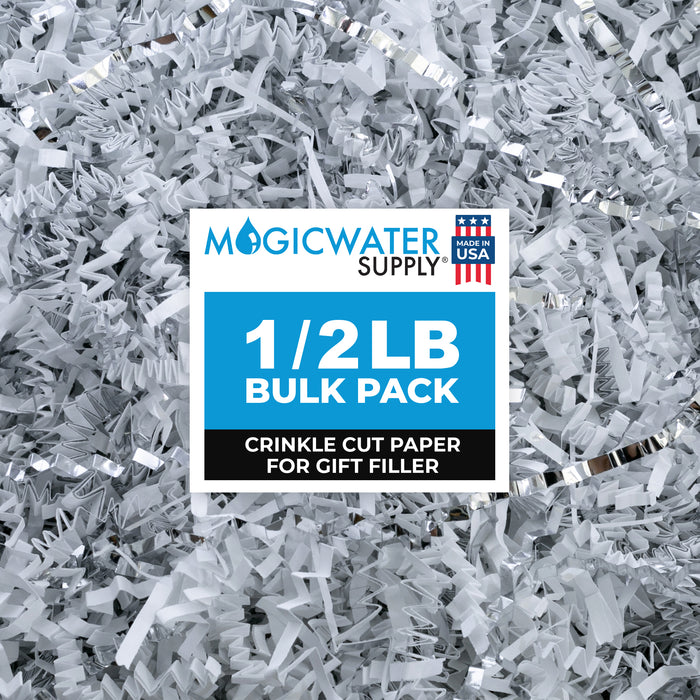 MagicWater Supply - 1/2 LB - White & Silver - Crinkle Cut Paper Shred Filler great for Gift Wrapping, Basket Filling, Birthdays, Weddings, Anniversaries