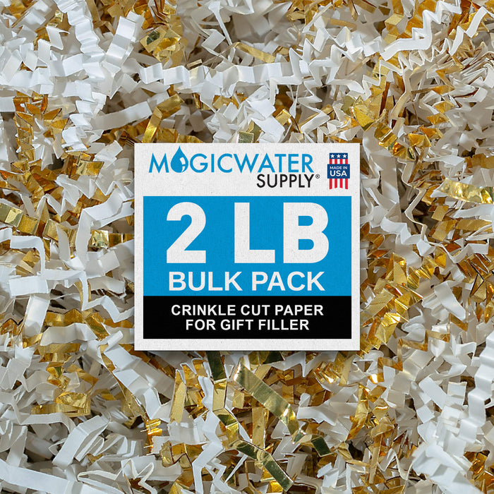 MagicWater Crinkle Cut Paper for Gift Baskets - 2LB - White & Gold - Perfect for Shredded Paper Filler, Basket Filler, Gift Boxes, Bridesmaid Gifts, Christmas Stuffers & More - Ideal for All Occasions