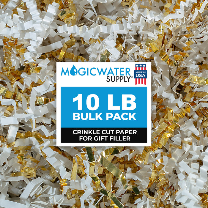 MagicWater Crinkle Cut Paper for Gift Baskets - 10LB White & Gold - Perfect for Shredded Paper Filler, Basket Filler, Gift Boxes, Bridesmaid Gifts, Christmas Stuffers & More - Ideal for All Occasions