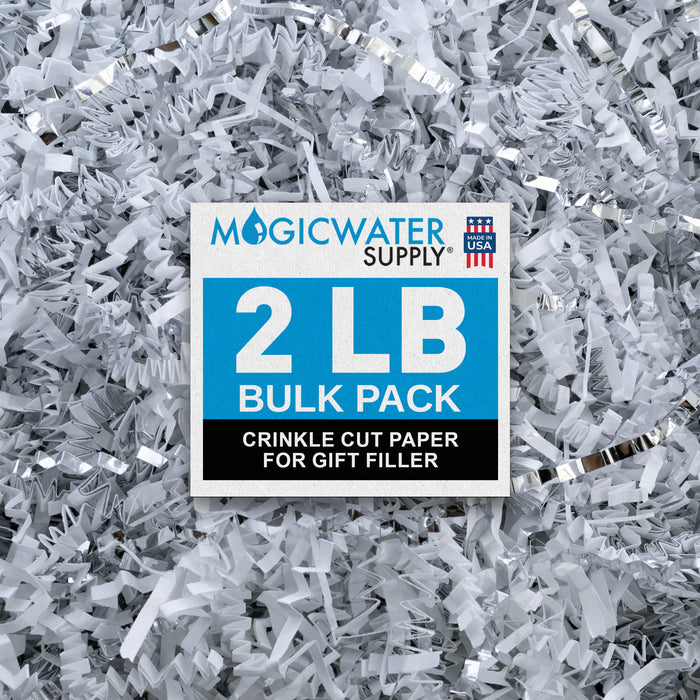 MagicWater Crinkle Cut Paper for Gift Baskets - 2LB - White & Silver - Perfect for Shredded Paper Filler, Basket Filler, Gift Boxes, Christmas Gifts, Christmas Stuffers & More - for All Occasions