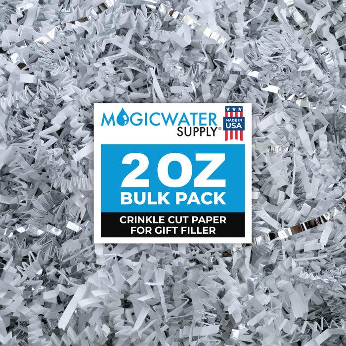 MagicWater Supply - 2 oz - White & Silver - Crinkle Cut Paper Shred Filler great for Gift Wrapping, Basket Filling, Birthdays, Weddings, Anniversaries