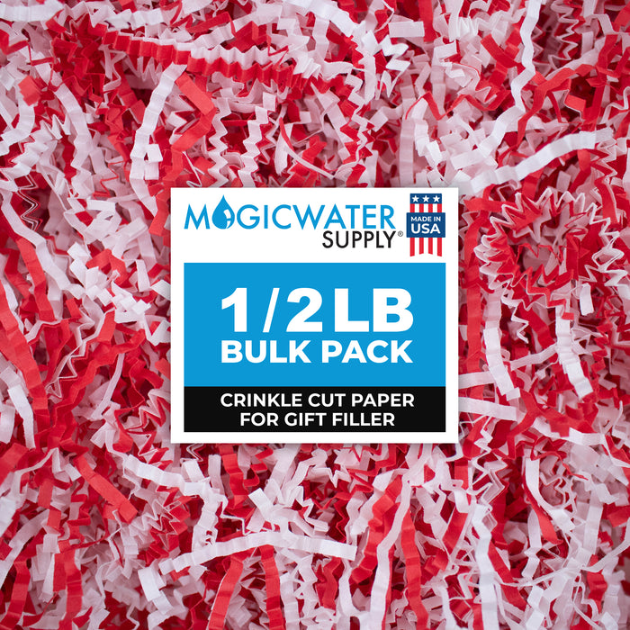 MagicWater Crinkle Cut Paper for Gift Baskets - 1/2 LB - Red & White - Perfect for Shredded Paper Filler, Basket Filler, Gift Boxes, Bridesmaid Gifts, Christmas Stuffers - Ideal for All Occasions