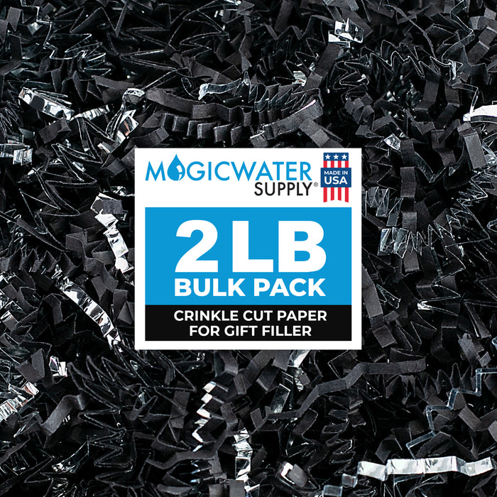 MagicWater Crinkle Cut Paper for Gift Baskets - 2LB - Black & Silver - Perfect for Shredded Paper Filler, Basket Filler, Gift Boxes, Bridesmaid Gifts, Christmas Stuffers & More - For All Occasions