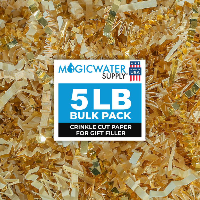 MagicWater Crinkle Cut Paper for Gift Baskets - 5LB - Vanilla & Gold - Perfect for Shredded Paper Filler, Basket Filler, Gift Boxes, Bridesmaid Gifts, Christmas Stuffers & More Occasions