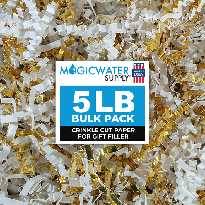 MagicWater Crinkle Cut Paper for Gift Baskets - 5LB - White & Gold - Perfect for Shredded Paper Filler, Basket Filler, Gift Boxes, Bridesmaid Gifts, Christmas Stuffers & More - Ideal for All Occasions