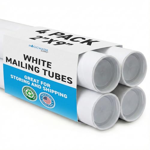 MagicWater Supply Mailing Tube 2 in x 9 in White - 4 Pack - for Shipping and Storage of Posters, Arts, Crafts, and Documents