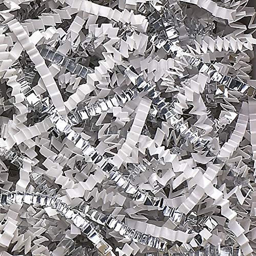 Crinkle Cut Paper Shred Filler (1/2 LB) for Gift Wrapping & Basket Filling - White & Silver