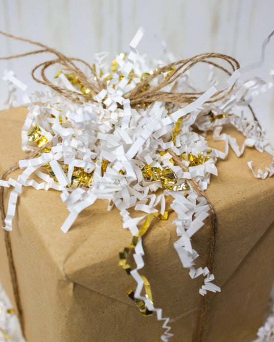Crinkle Cut Paper Shred Filler (1/2 LB) for Gift Wrapping & Basket Filling - White & Gold