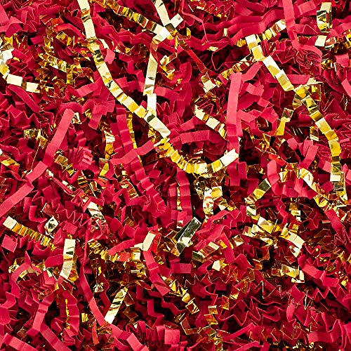 Crinkle Cut Paper Shred Filler (1 LB) for Gift Wrapping & Basket Filling - Red & Gold