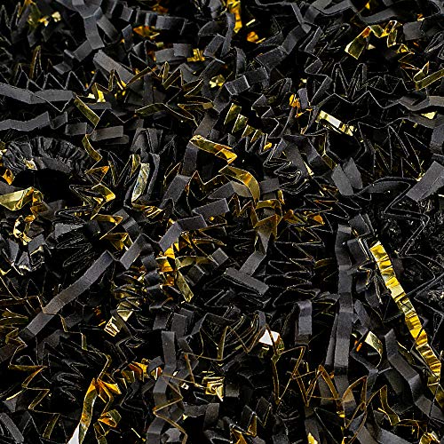 Crinkle Cut Paper Shred Filler (1 LB) for Gift Wrapping & Basket Filling - Black & Gold