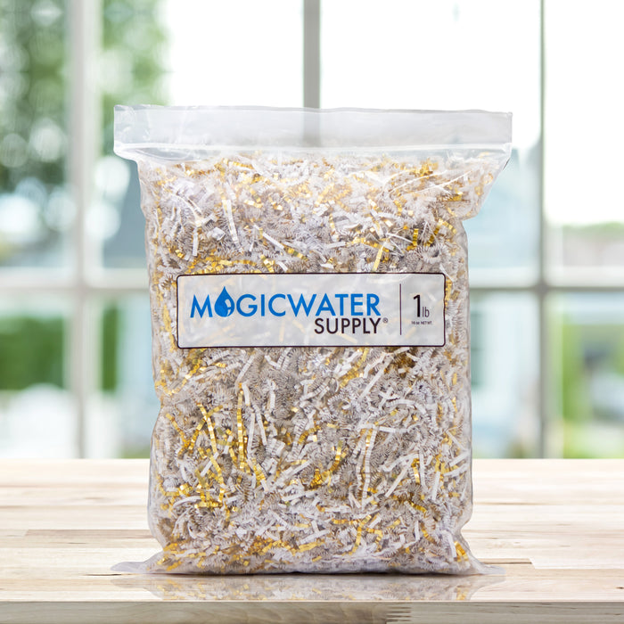 MagicWater Supply Crinkle Cut Paper Shred Filler (1 lb) for Gift Wrapping & Basket Filling - White & Gold